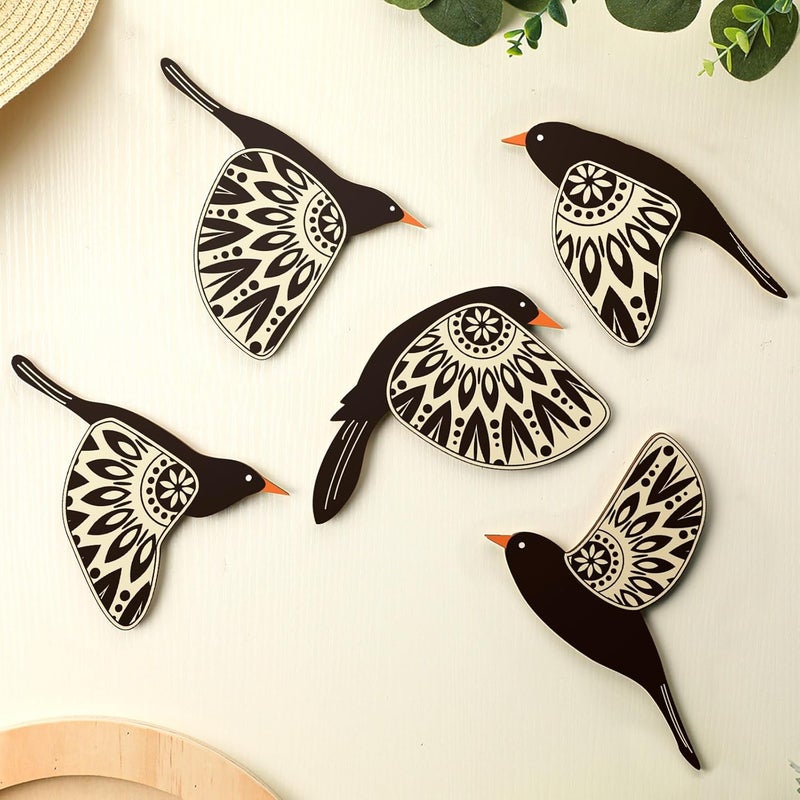 Barydat 5 Pcs Wooden Bird Wall Art Wood Flying Birds Wall Decor Rustic Folk Art Scandinavian Home Decor for Gift Living Room Bedroom Kitchen Office(Black) - Image 1